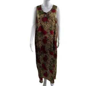 Blaine Women M Sleeveless Leopard Red Rose Floral Silky Boho Maxi Dress Vacation